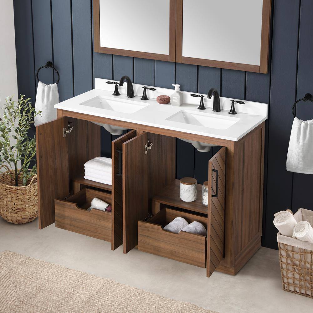 Glacier Bay Huckleberry 48 in. W x 19 in. D x 34.50 in. H Freestanding Vanity in Spiced Walnut with White Engineered Stone Top Huckleberry48SW