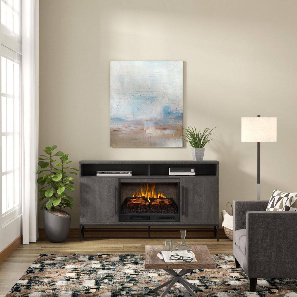 SCOTT LIVING KAPLAN 60 in. Freestanding Media Console Wooden Electric Fireplace in Gray Fawn Aged Oak HDSLFP60L-1A