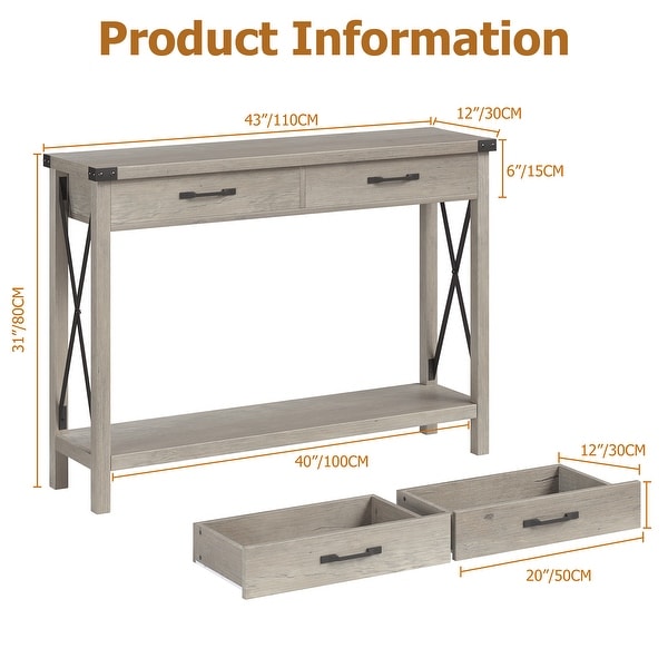 Console Table with 2 Drawers， Farmhouse Sofa Table with Storage Shelf， Accent Wood Entryway Table for Living Room