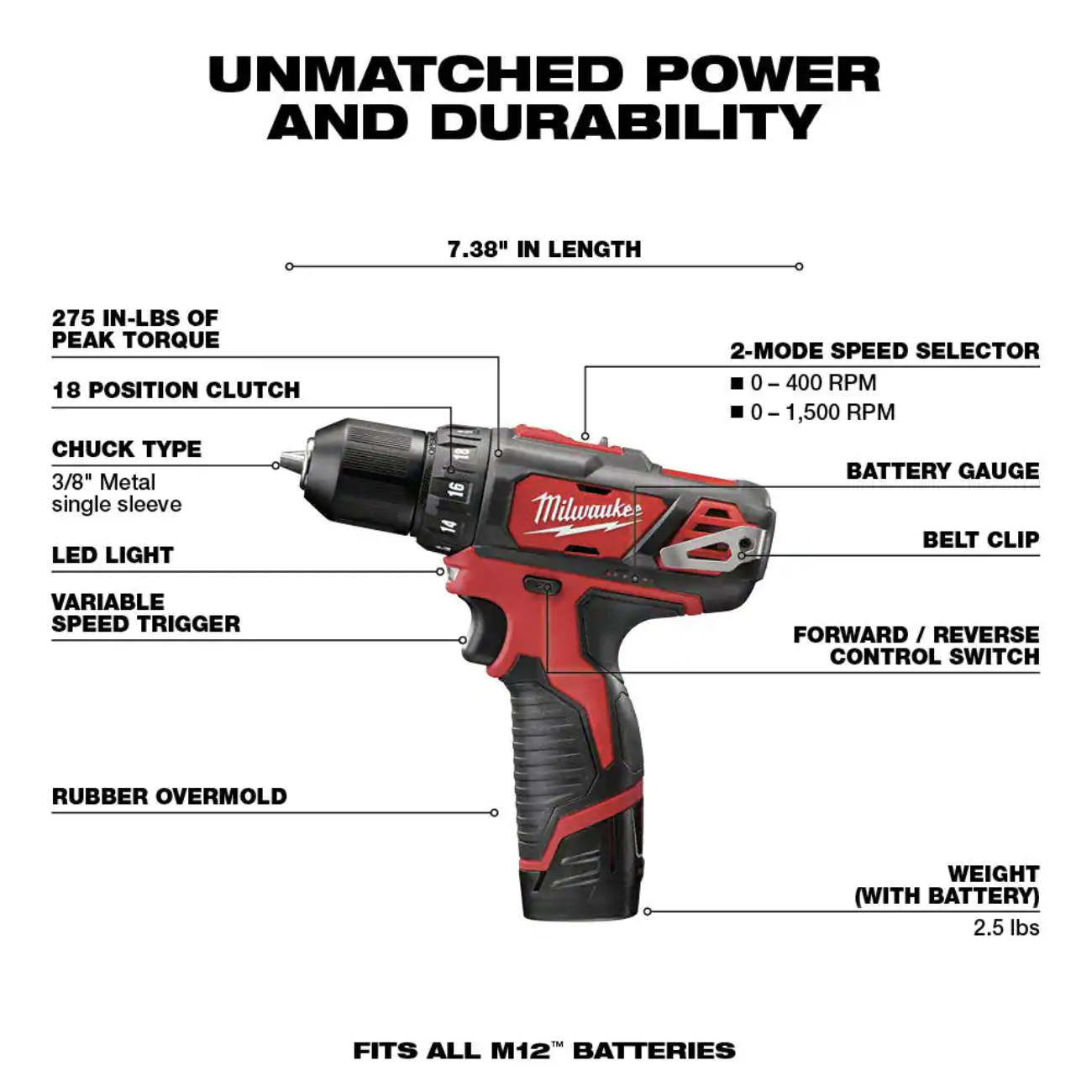 Milwaukee M12 12V Lithium-Ion Cordless 3/8 in. Drill/Driver Kit with Two 1.5 Ah Batteries， Charger and Tool Bag