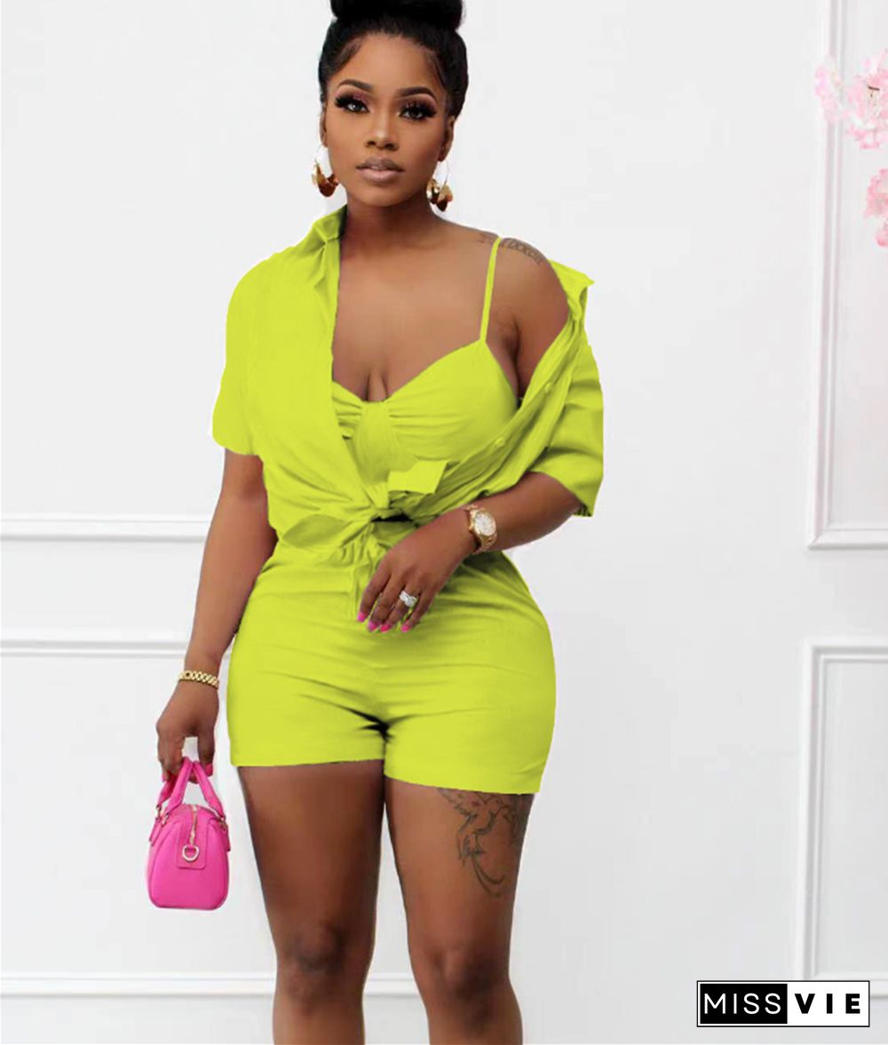 Short Sleeve Shirts Bra and Shorts 3 Piece Set