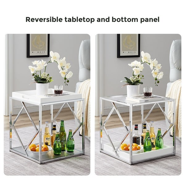 VANOMi 18'' Tray Top End Table Side Table With Stainless Steel Frame and Tempered Glass Panel - 18''x18''x19''