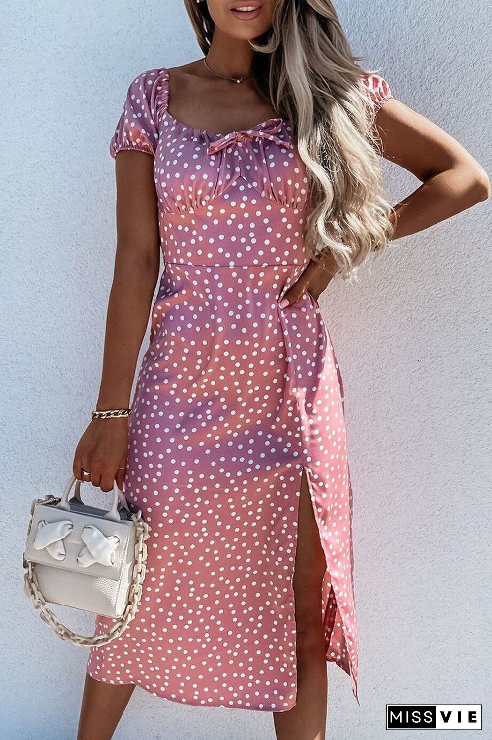 Fashion Elegant Floral Polka Dot Frenulum Slit Off the Shoulder A Line Dresses