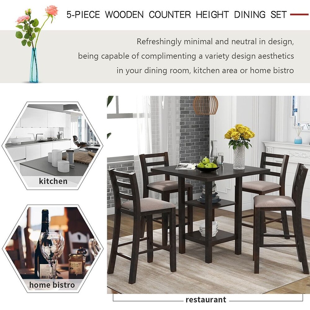 5 Piece Counter Height Square Dining Table Set with 4 Chairs