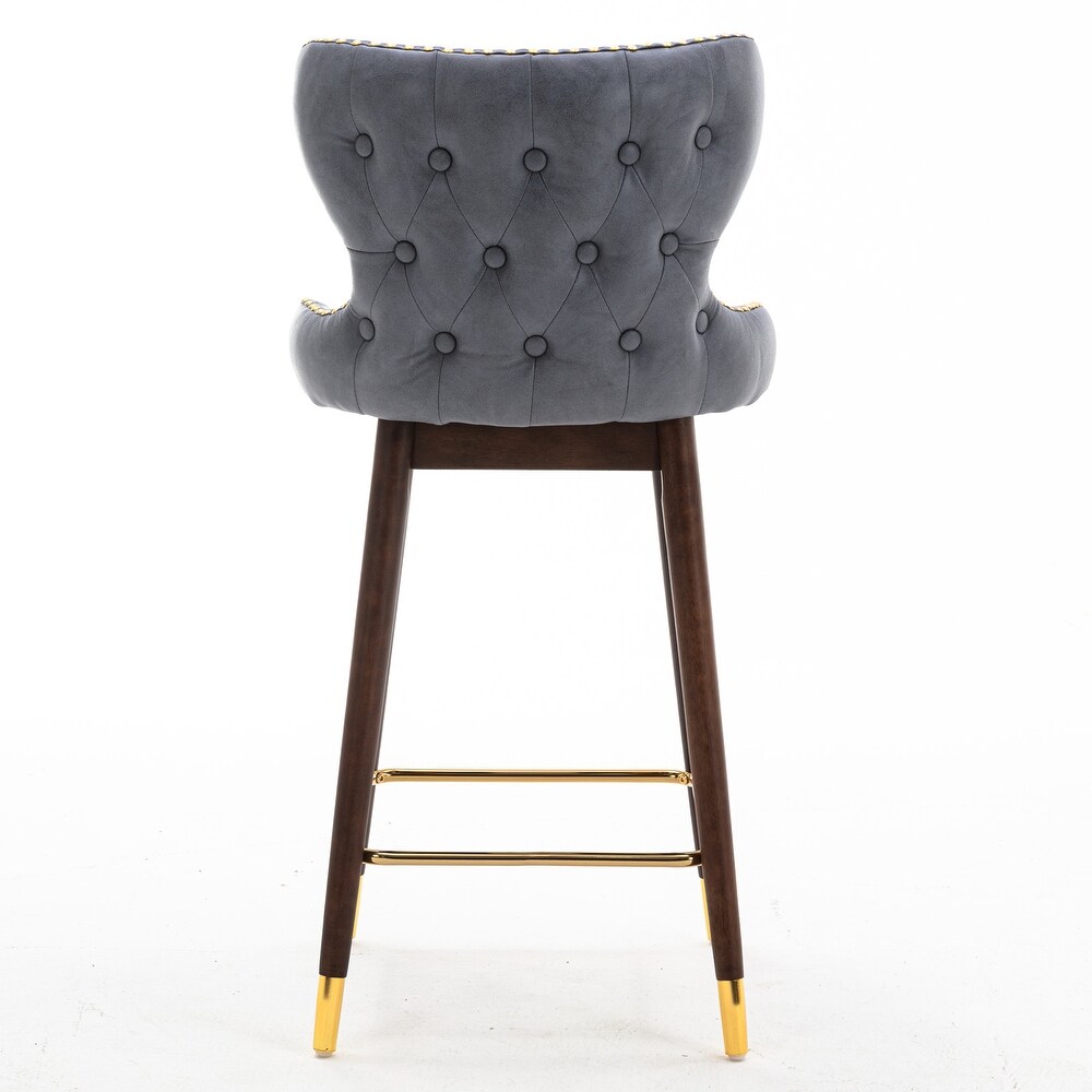 Modern Leather Fabric Bar Stool with Gold Nailheads   Solid Wood Legs  Set of 2