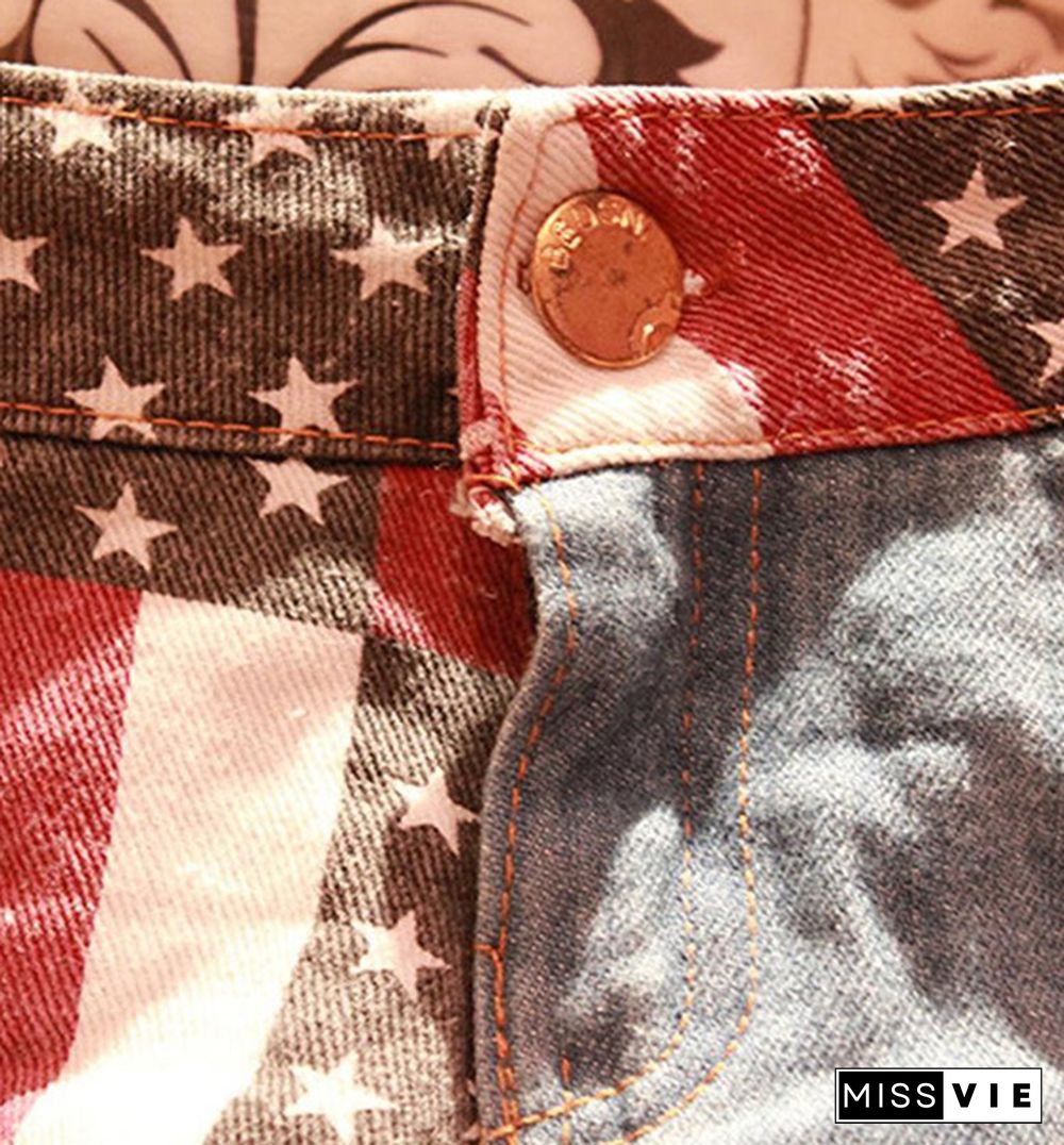 Fashion USA American Flag Print Sexy Summer Women Denim Short Shorts US Flag Casual Shorts Jeans