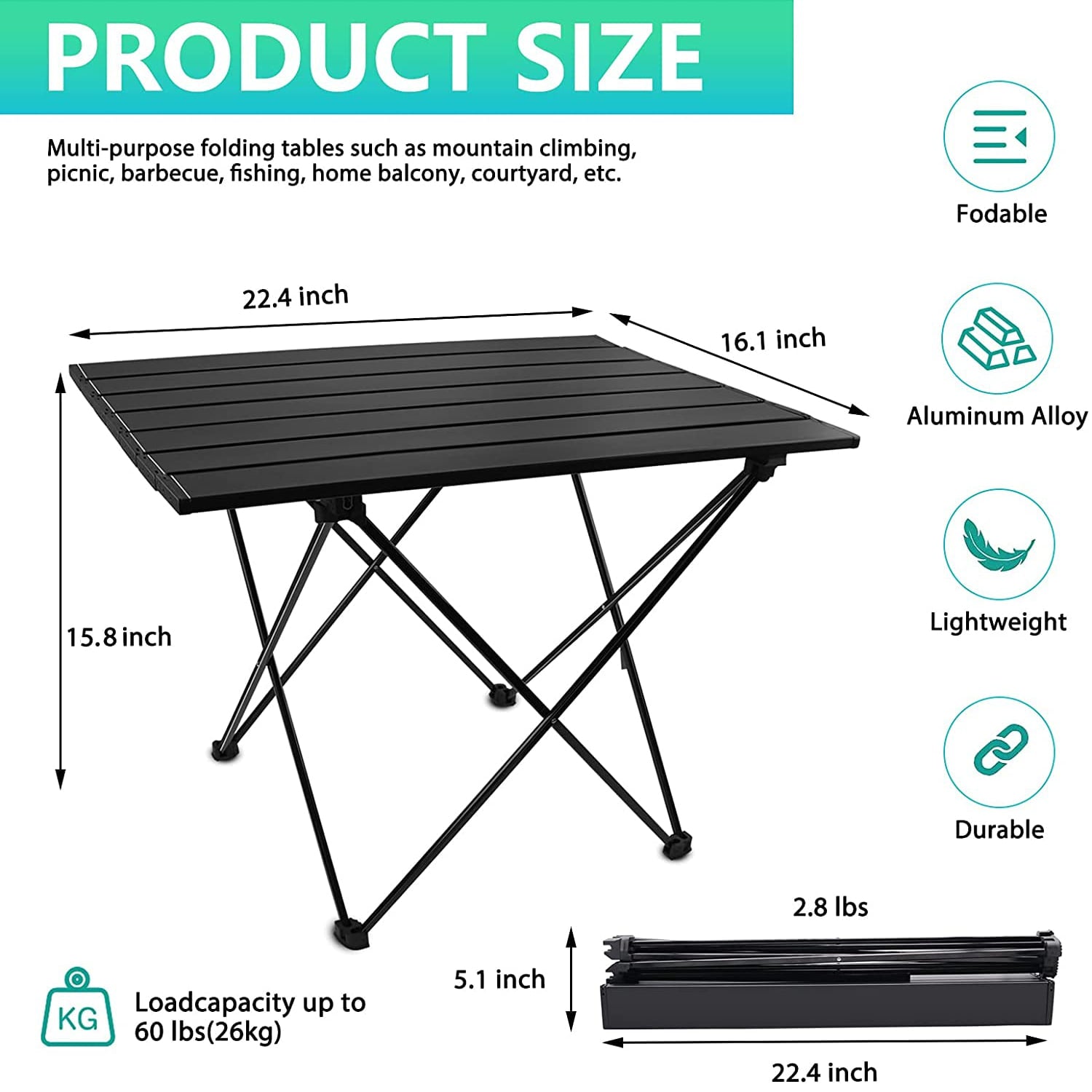 Portable Camping Table， Lightweight Folding Table with Aluminum Table Top and Carry Bag， Easy to Carry， Perfect for Outdoor，Travel， Picnic