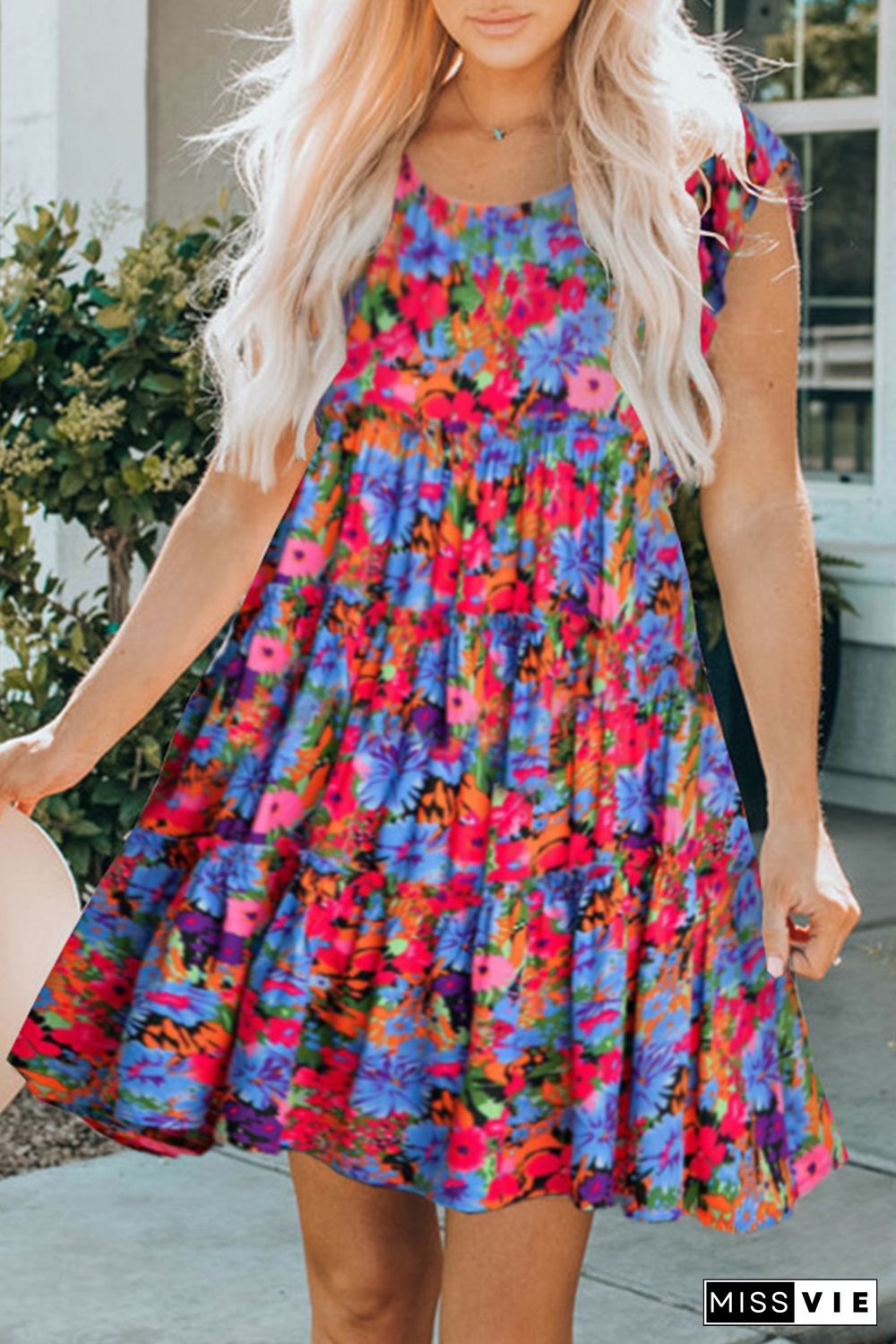 Multicolor Floral Short Sleeve Ruffle Mini Dress