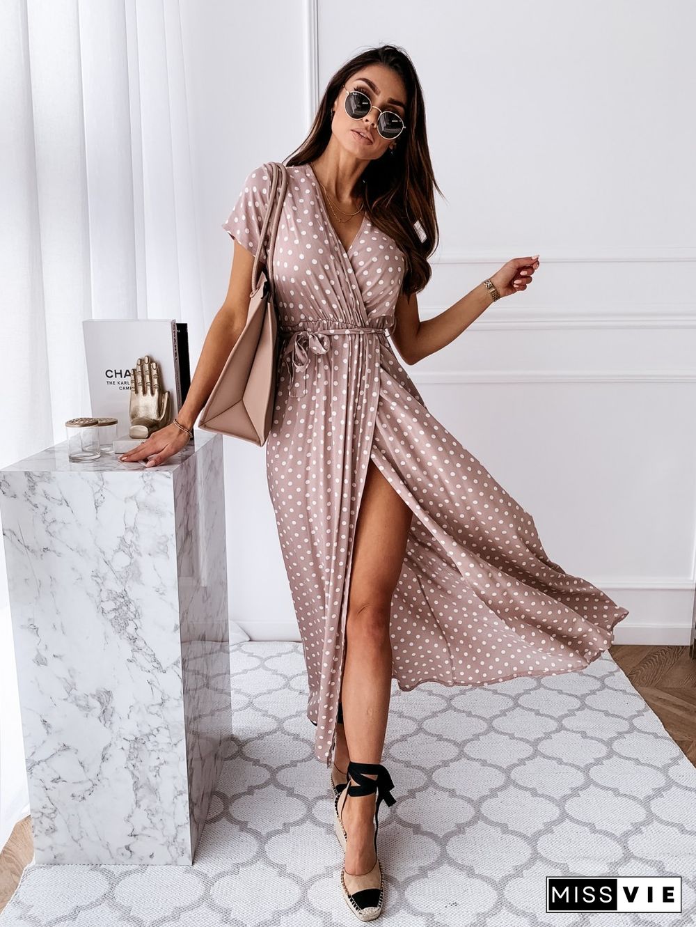 Bohemian Dot Print Dress Women Summer Short Sleeve V-neck Dress Women High Waist Slit Beach Dress Vestido Feminino