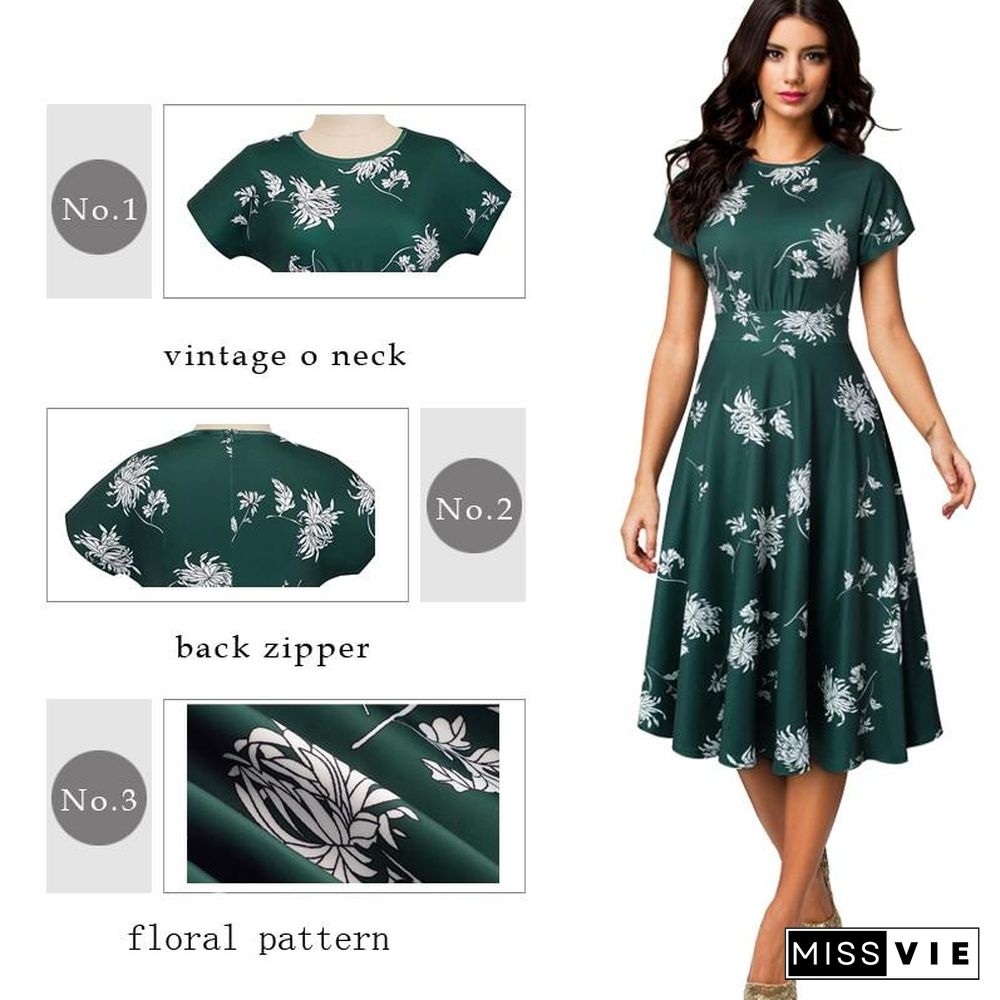 Women Vintage Elegant Floral Print Pleated Round neck A-Line Pinup Party Dress Black Dresses