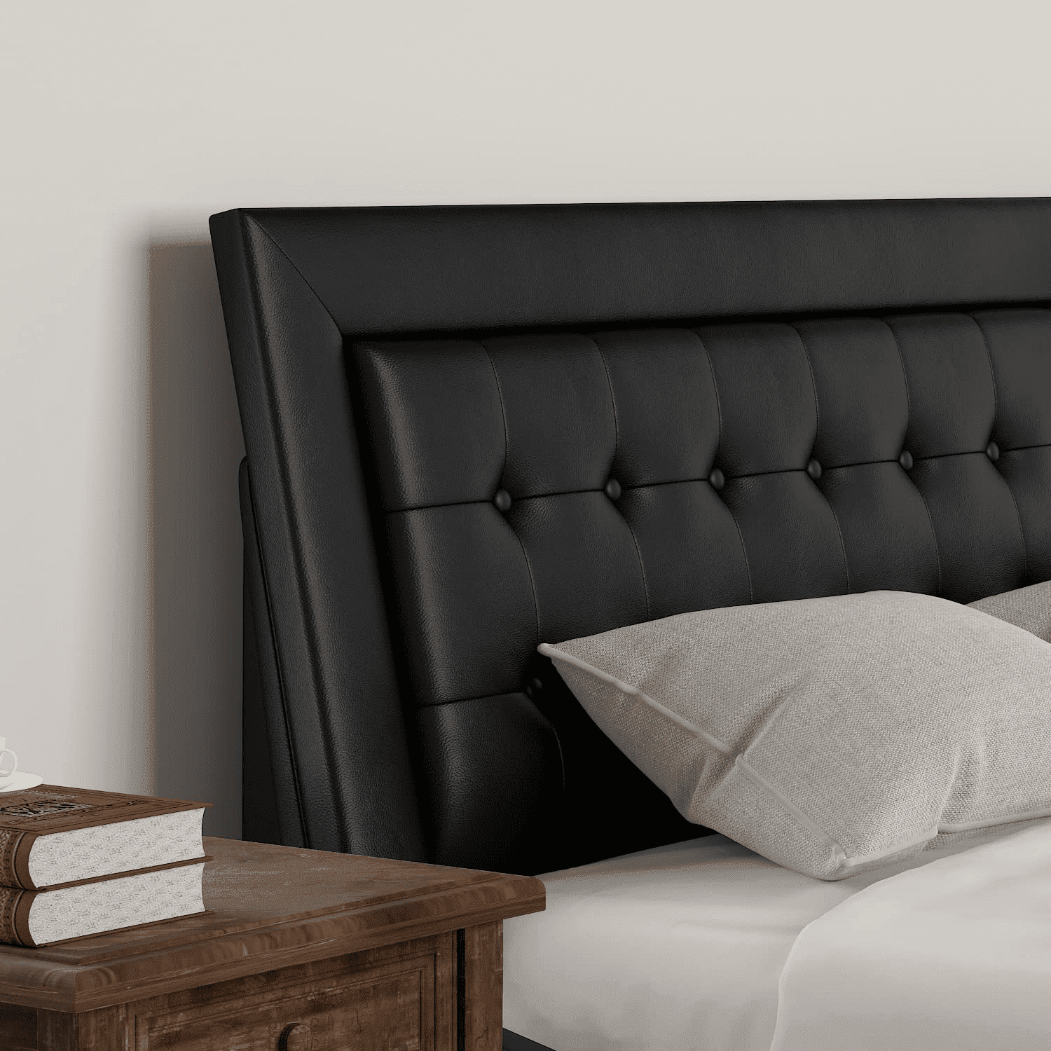 Einfach King Size Bed Frame with Adjustable and Button-Tufted Headboard, Black