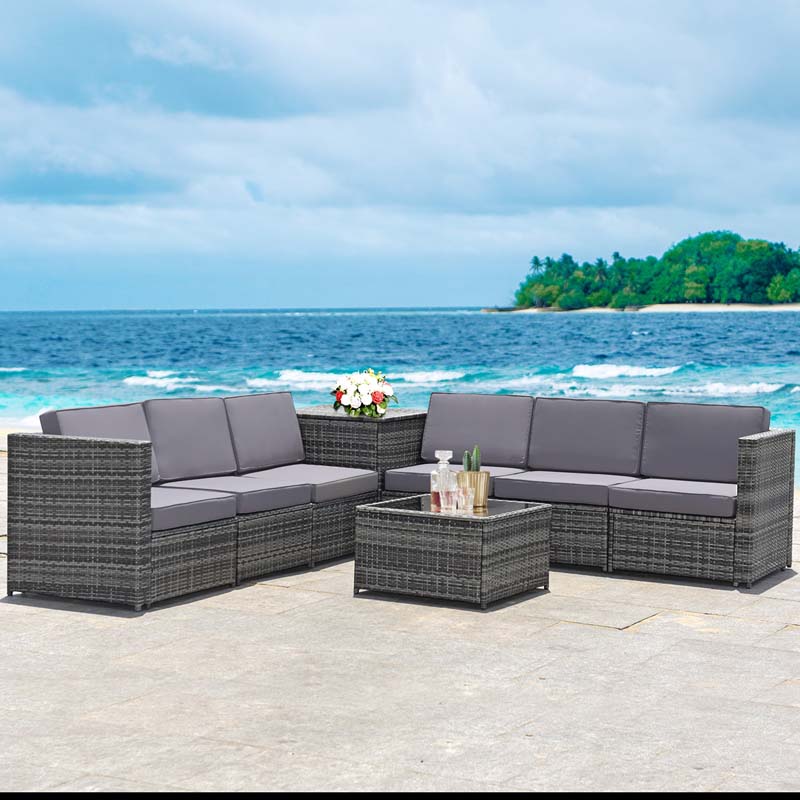 8 Pcs Rattan Patio Sectional Sofa Couch Set Outdoor Wicker Furniture Set with Storage Table & Cushions