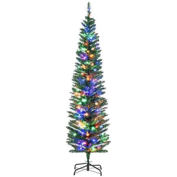 HOMCOM 6ft Tall Pencil Prelit Artificial Christmas Tree Holiday Décor with 390 Branches，150 Colorful LED Lights，Steel Base