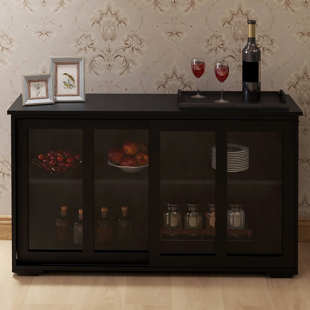 Visentor 42 Inch Kitchen Storage Cupboard, Dining Room Storage Cabinet with Glass Door, Sideboard Buffet Table, Black