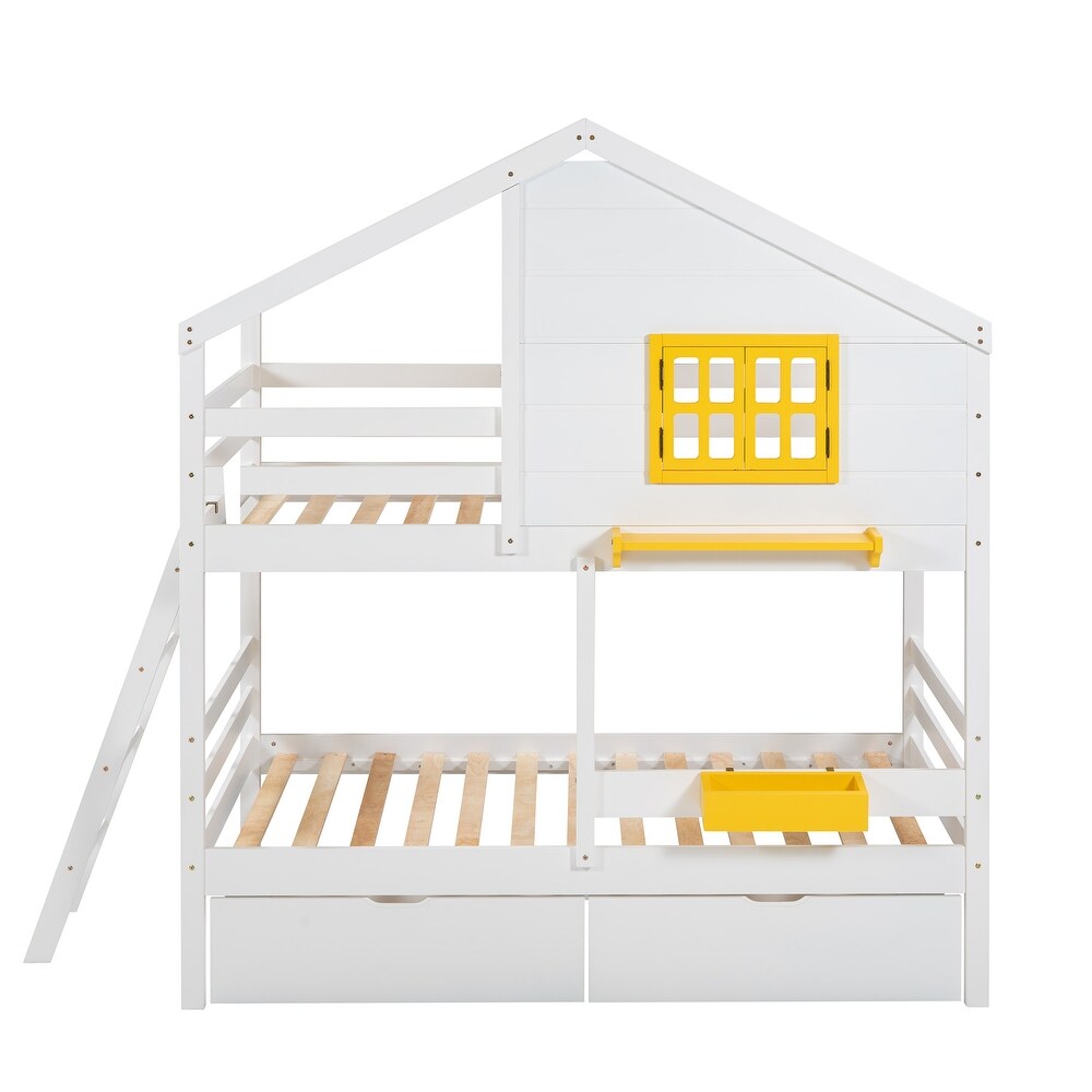 Contemporary Unique Design Twin over Twin Bunk Bed with 2 Drawers  1 Storage Box  1 Shelf and Quality Structure for Bedroom