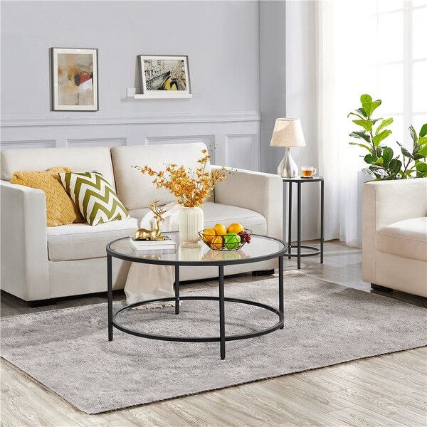 Round Modern Glass-Top Coffee Table， Gold