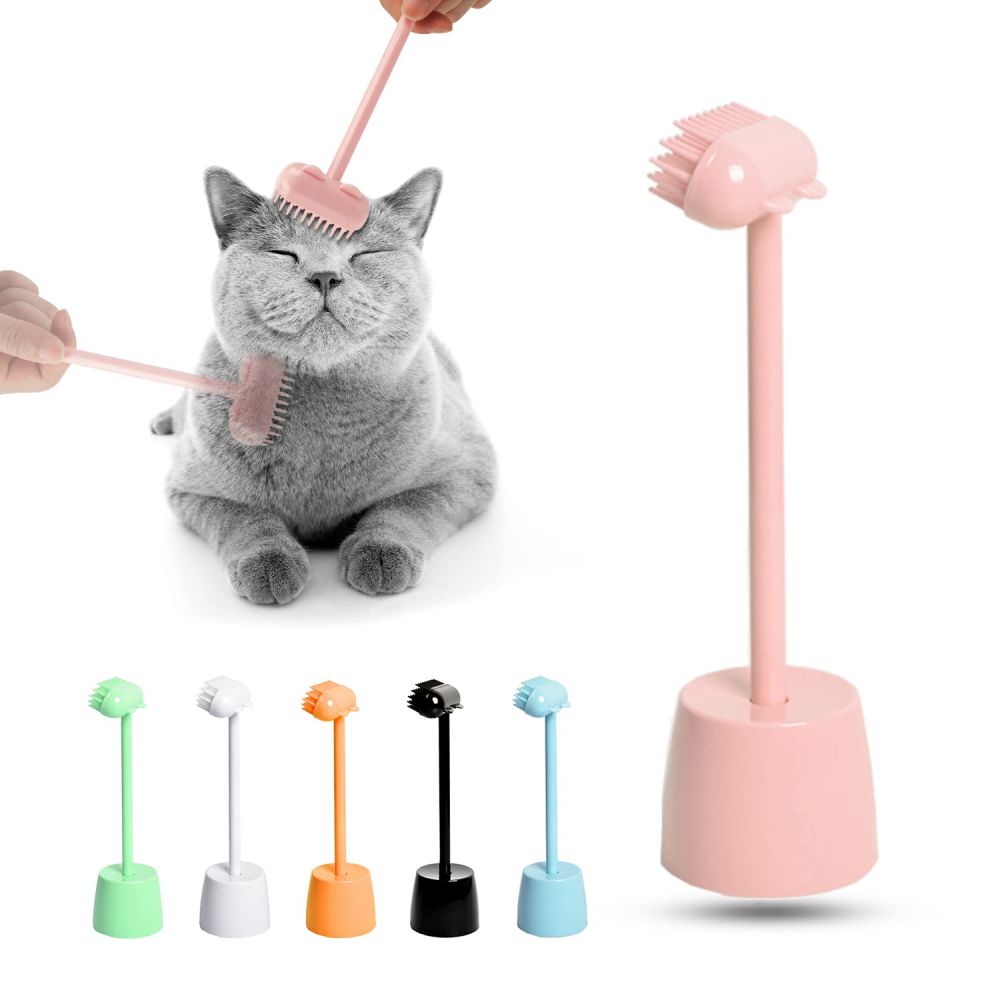 Cat Massager Brush Toys Cute Cat Brush with a Display Stand， Scratching Can Get to Hard to Reach Areas，Washable Grooming Cat Comb，Hair removal cat scratcher toy Pink