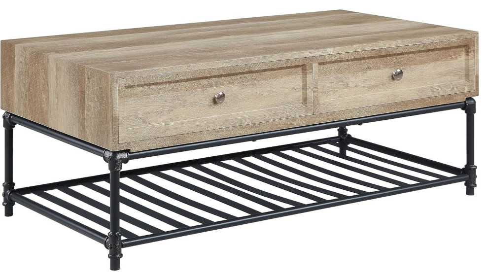 Classic Coffee Table  Industrial Pipe Base With Slatted Shelf  amp2 Drawers  Oak   Industrial   Coffee Tables   by Decor Love  Houzz