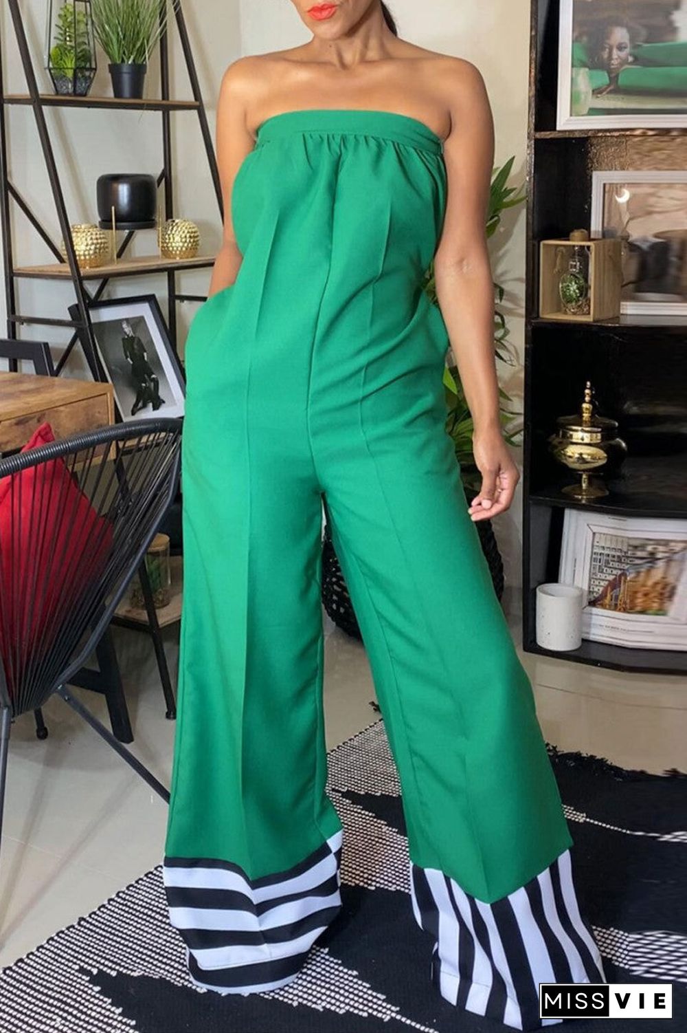 Casual Solid Patchwork Backless Strapless Regular Jumpsuits