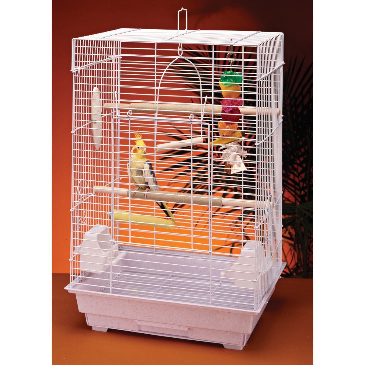 Penn-Plax Cockatiel Bird Cage Starter Kit， 27 Inch Cage with Kabob Toy， Cuttlebone， Treat， and Wood Perch， White， Model: BCK4