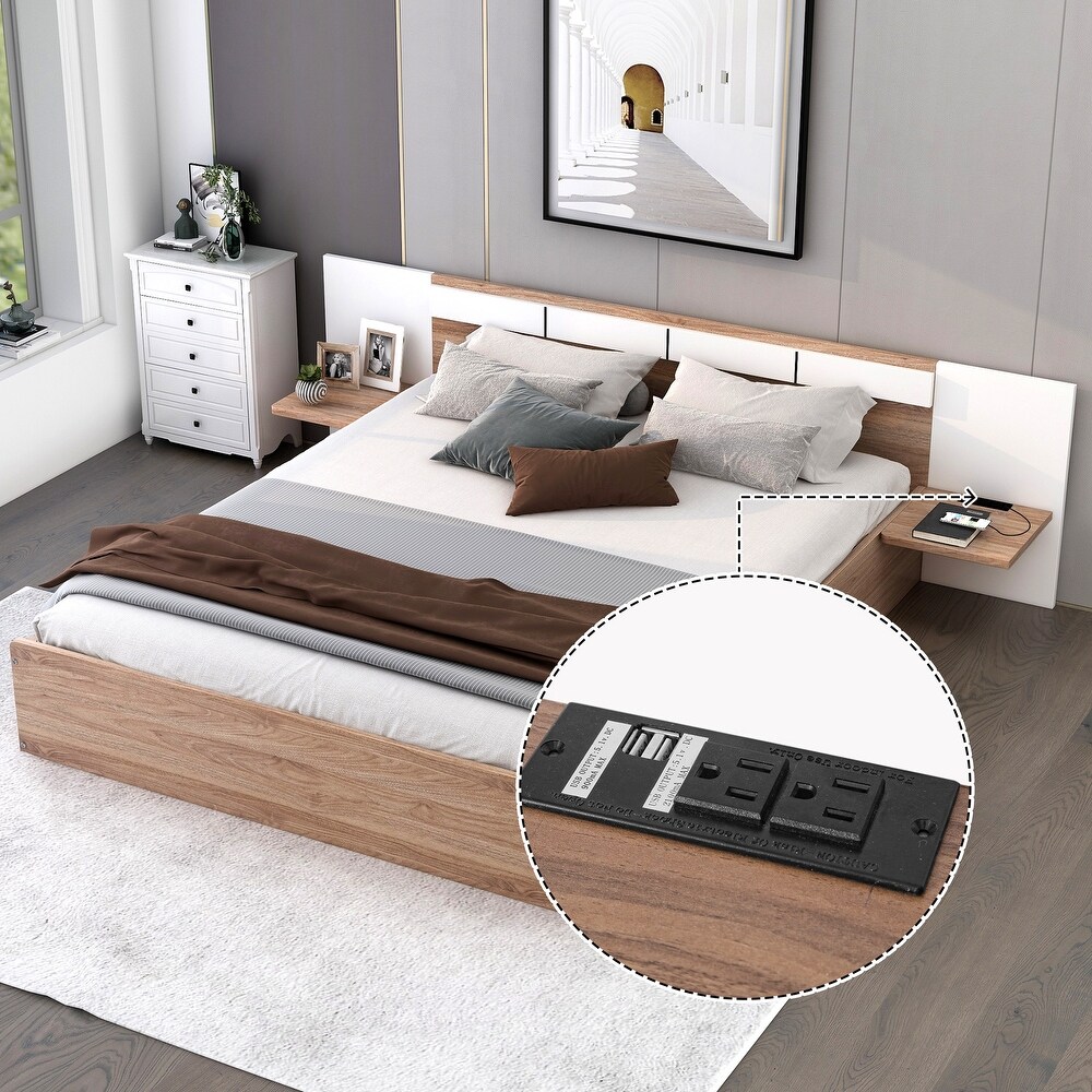 Queen Platform Bed with 2 Drawers  USB Ports   Sockets  Wooden Bed Frame with Extended Headboard   Storage Shelves for Bedroom