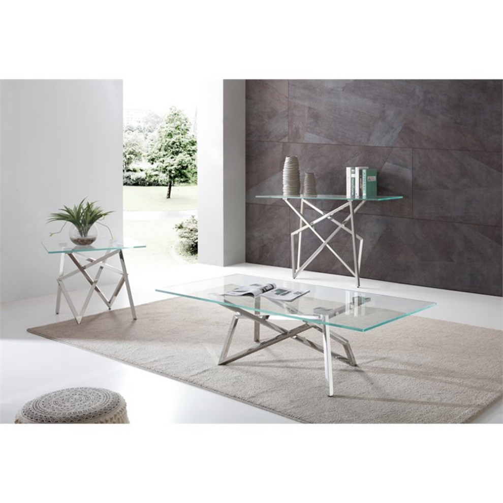 Modrest Hawkins Modern Stainless Steel  ampGlass Console Table in Silver/Clear   Contemporary   Console Tables   by Homesquare  Houzz