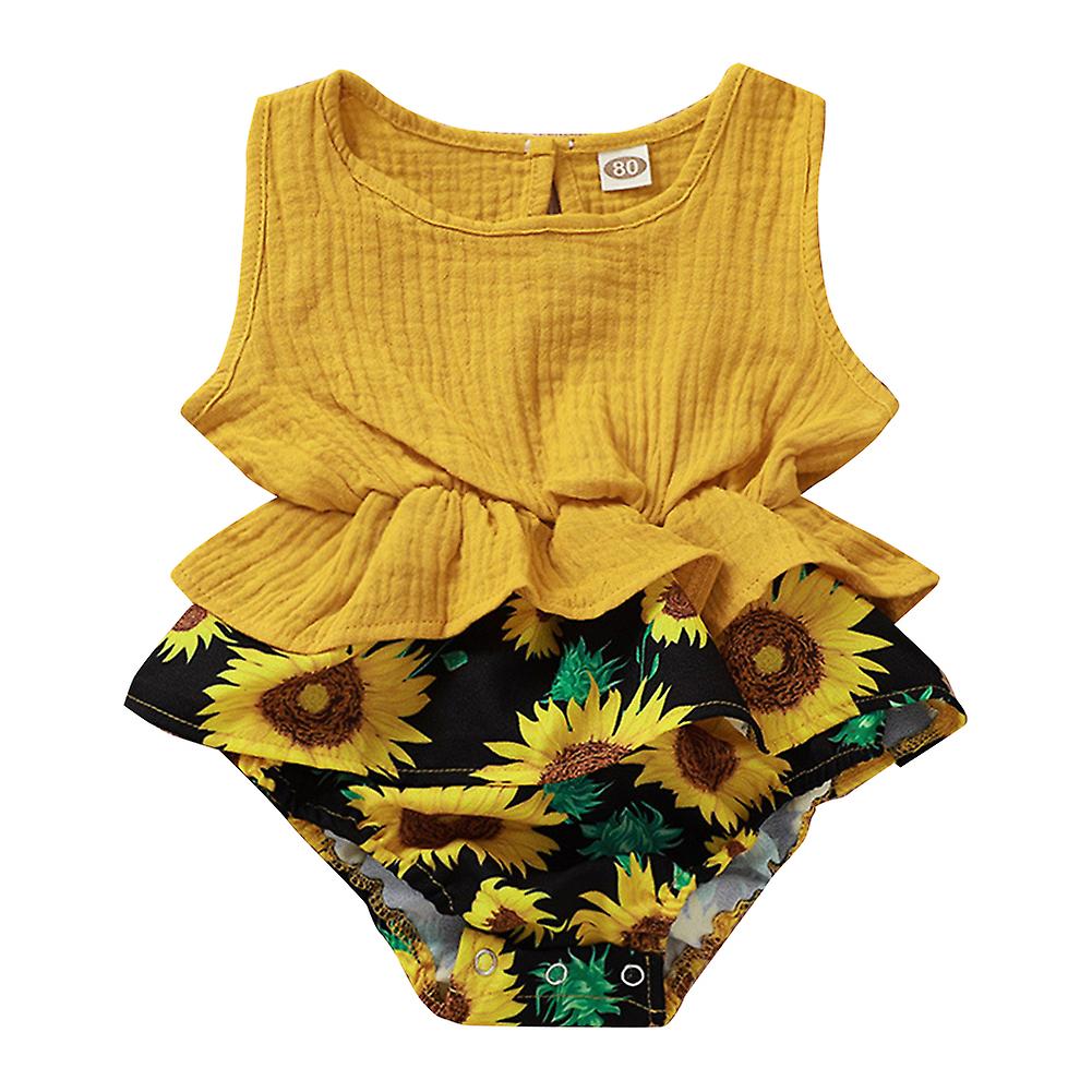 Newborn Baby Girl Romper Bodysuit Tutu Dress Summer Clothes Outfit Flower Print Jumpsuit Yellow 86cm