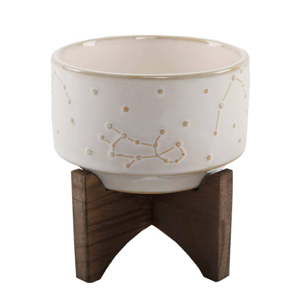 Flora Bunda 4 in. Ivory Ceramic Constellation Pot on Wood Stand Mid-Century Planter CT940E-IVORY