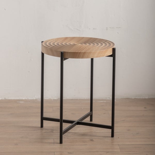 Modern Thread Design Round Coffee Table with Concentric Circular Pattern， MDF Table Top with Cross Legs Metal Base