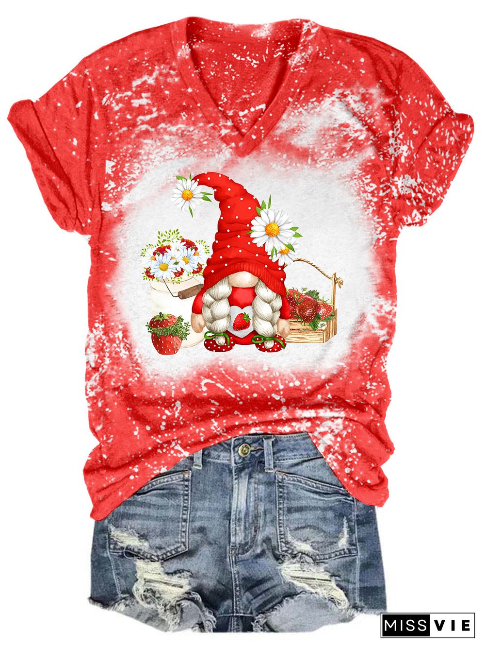 Strawberry Gnome Tie Dye V Neck T-shirt