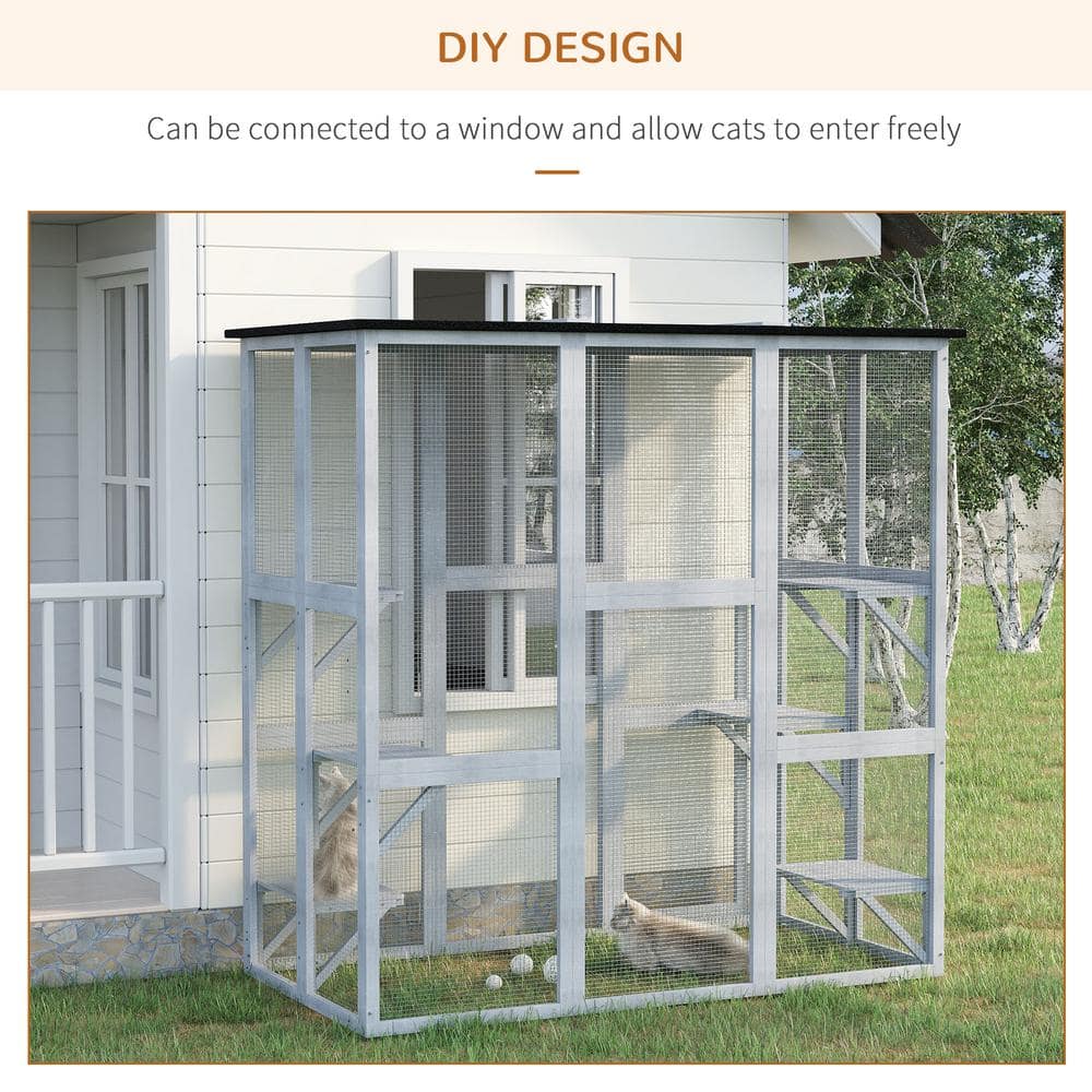 PawHut 71 in. L Large Grey Wooden Outdoor Cat House Catio Enclosure, Kitten Cage w/Weather Protection, Cat Patio w/ 6 Platforms D32-004GY