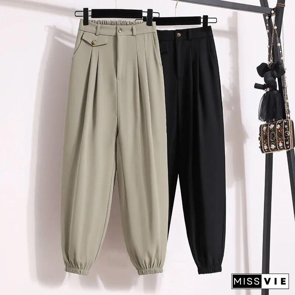 Fashion Loose Office Lady Harem Pants Casual Korean Women High Waist Bloomers Summer Elegant Elastic All-match Cargo Pants New