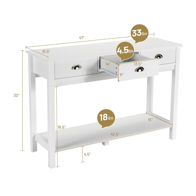 Costway Console Table With 3 Drawers Bottom Shelf Sofa Side Table Entryway White