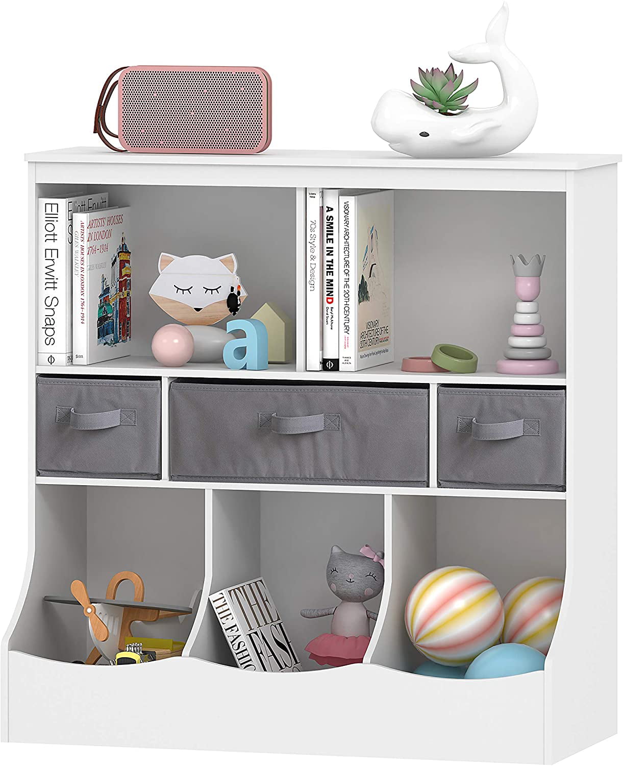 UTEX Toy Storage Organizer with Bookcase, Kid’s Bin Storage Unit with 3 Opening Shelves,White Toys Box Organizer