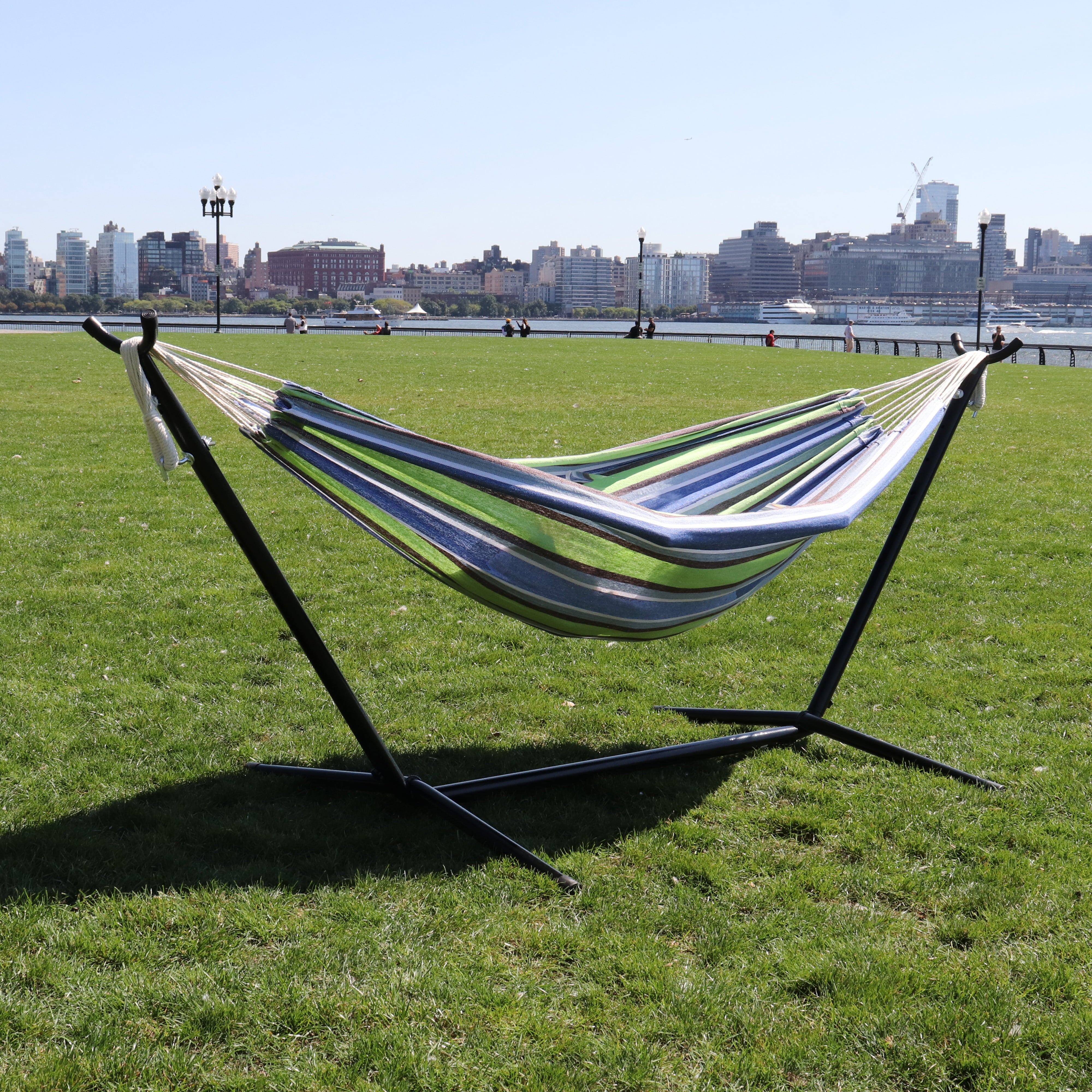 Bliss Hammocks Double Hammock w/ Space Saving 9ft. Stand & Premium Carry Bag - Garden Stripe, 78" L x 60" W