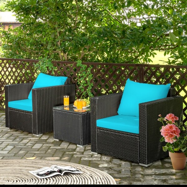 Costway 3PCS Patio Rattan Wicker Furniture Set Sofa Table W/Cushion