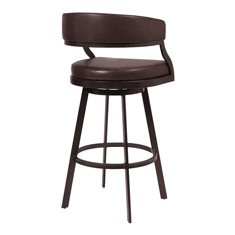 Ava 26 Inch Swivel Counter Stool， Curved， Faux Leather， Auburn Brown