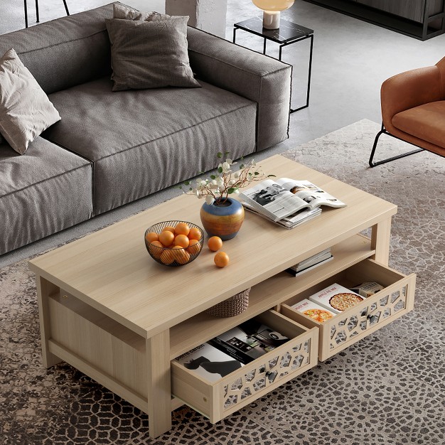 Costway Coffee Table With2 Drawers amp Open Shelf Modern Rectangular Wood Living Room Table