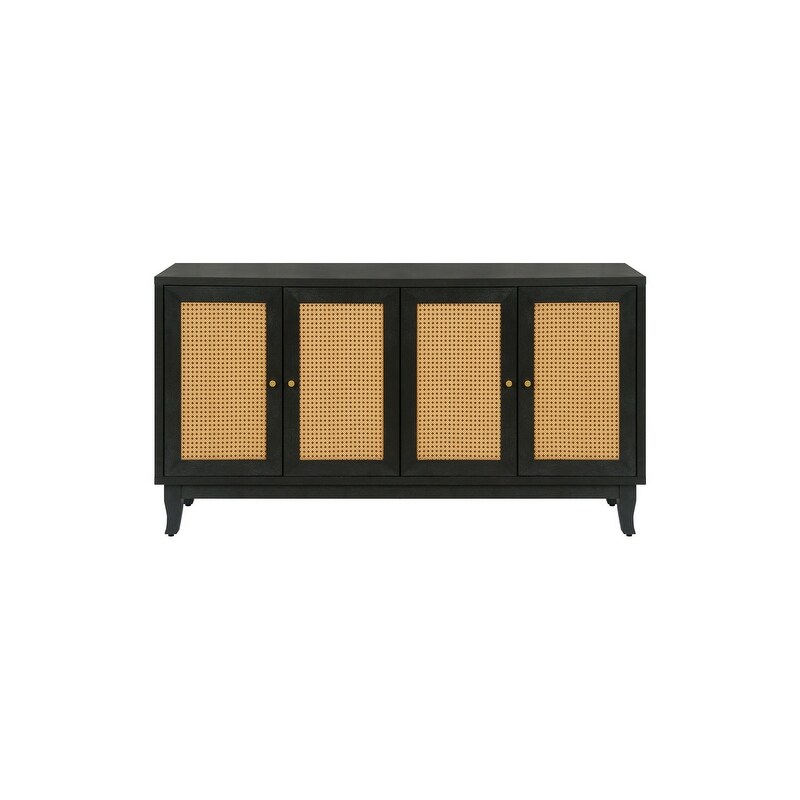 Rattan 4 Doors Accent Storage Cabinet with Adjustable Shelves  Black