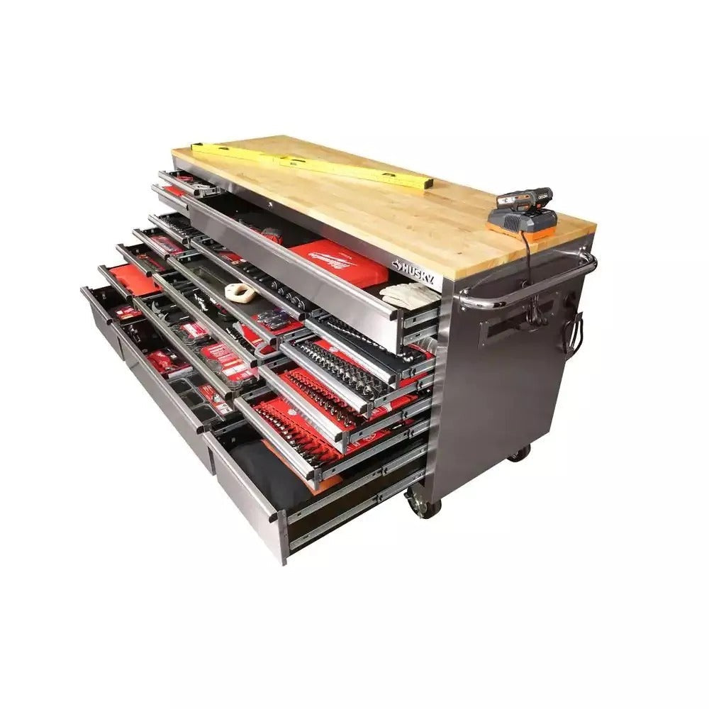 72 in. 18-Drawer 24 in. D Mobile Workbench with Solid Wood Top Stainless Steel