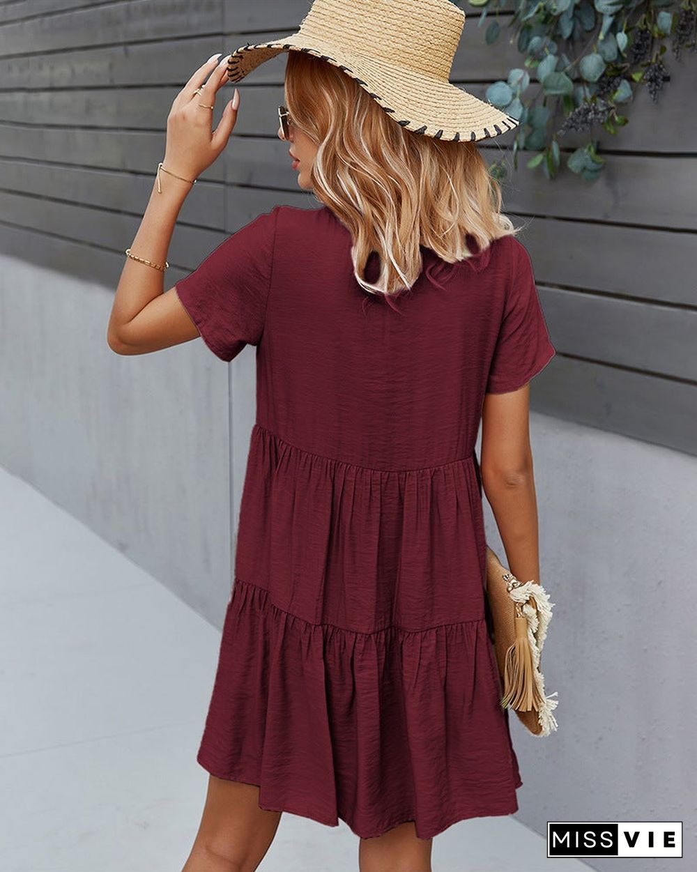 Women's Solid Color Dress Spring and Summer Short Sleeve Cotton Skirt