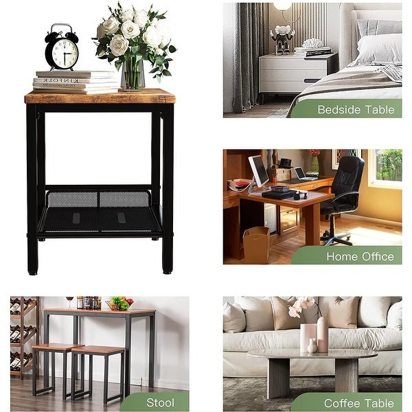 Industrial Side Table， 2-Tier Nightstand with Mesh Storage Shelf， Sofa Couch End Table for Living Room， Bedroom