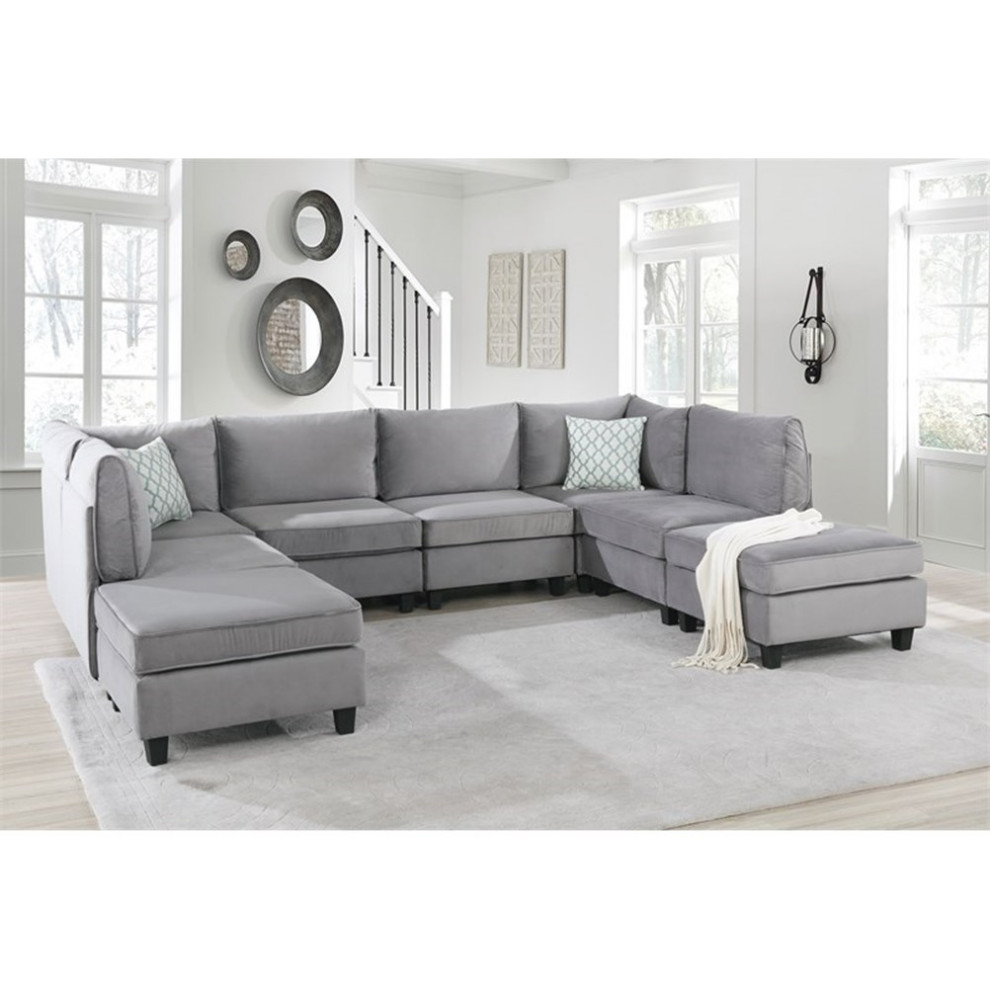 Bowery Hill Contemporary 8 Piece Velvet Modular Sectional Sofa in Gray   Transitional   Sectional Sofas   by Homesquare  Houzz