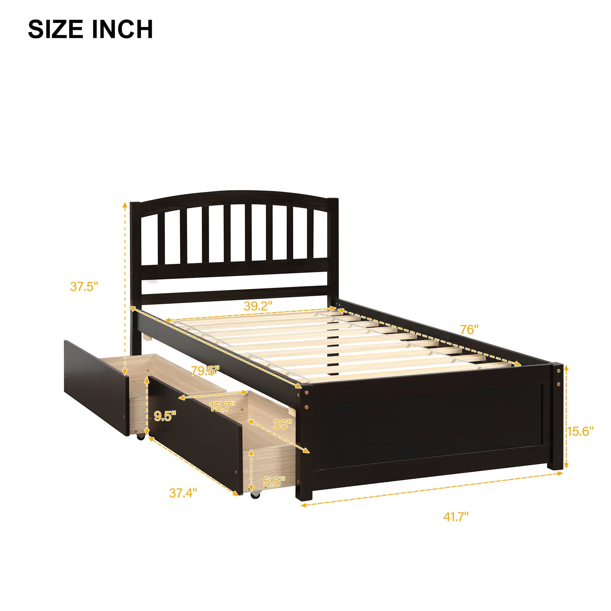 Platform Bed with Storage Drawers, Kids Twin Size Bed Frame No Box Spring Needed, Wood Platform Beds with Headboard and Two Drawers, Modern Single Bed Bedroom Furniture, Espresso, J1164