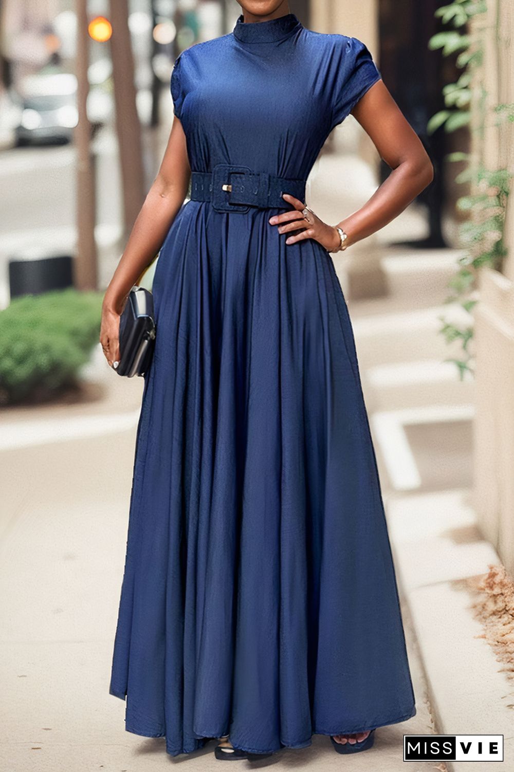 Solid Belted Stand Collar Maxi Dress