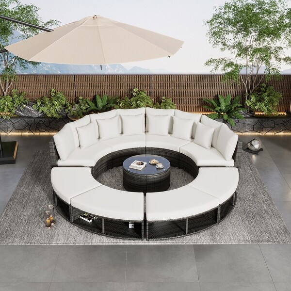 Circular Sectional Spacious Rattan Wicker Patio Furniture Set with Tempered Glass Coffee Table and 6 Pillows