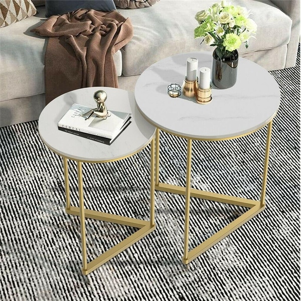 2 Pieces Modern Faux Marble Round Coffee Nesting Table Storage Shelf