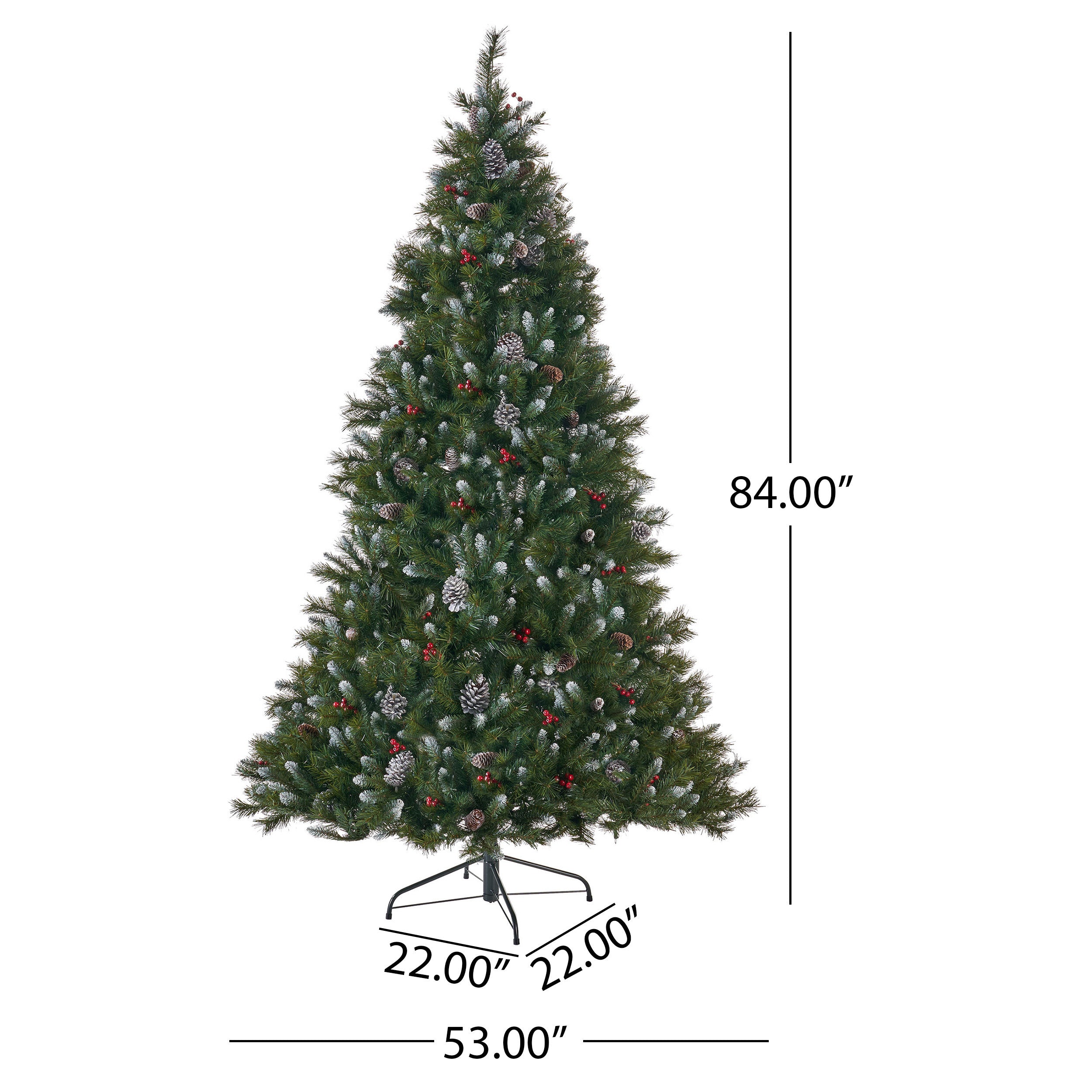 7-foot Mixed Spruce Hinged Artificial Christmas Tree with Frosted Branches, Red Berries, and Frosted Pinecones