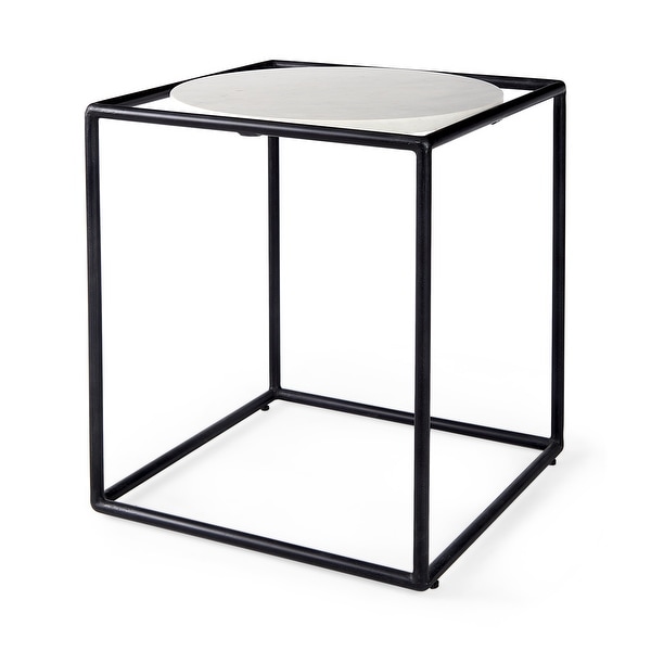 Austen 20L x 20W x 22H Round White Marble Top W/ Black Metal Frame Side Table