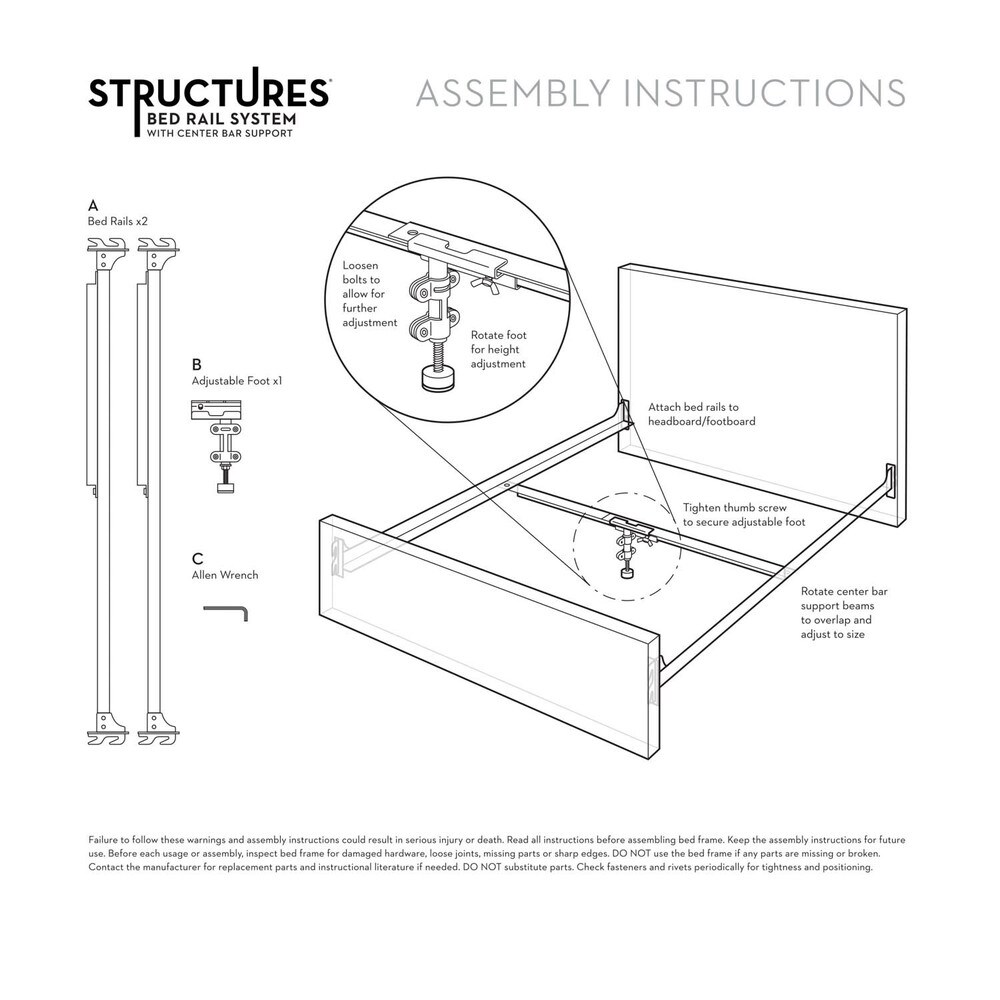 Structures Hook in Metal Bed Rails with Adjustable Height Center Support